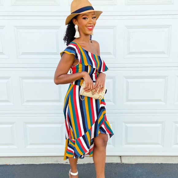 Colorful Asymmetrical Ruffle Midi Dress - Picture 4 of 6